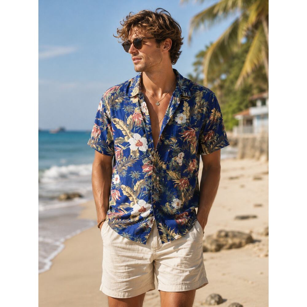 Mens Tropical Hawaiian Button Down Shirt XL Blue Floral Beach Festival Vacation